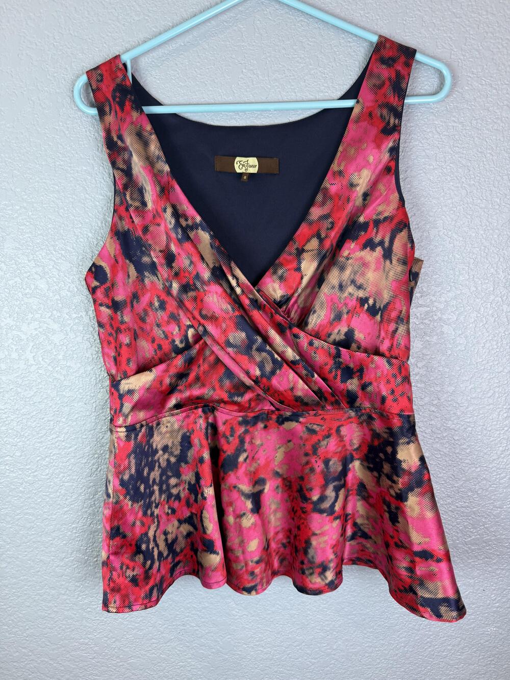 Eva Franco Top Womens 8 Pink Black Abstract Print Peplum Sleeveless Blouse USA